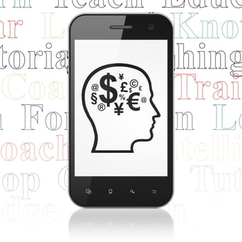 Learning concept: Smartphone with  black Head With Finance Symbol icon on display,  Tag Cloud background, 3D rendering