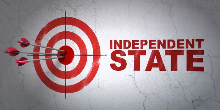 Success politics concept: arrows hitting the center of target, Red Independent State on wall background, 3D rendering