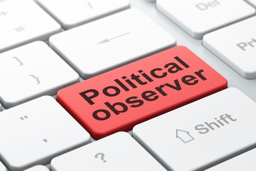 Politics concept: computer keyboard with word Political Observer, selected focus on enter button background, 3D rendering