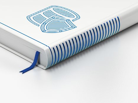 Database concept: closed book with Blue Database With Shield icon on floor, white background, 3D rendering