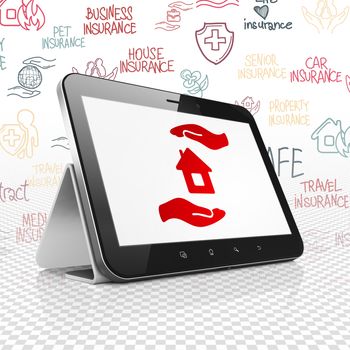 Insurance concept: Tablet Computer with  red House And Palm icon on display,  Hand Drawn Insurance Icons background, 3D rendering