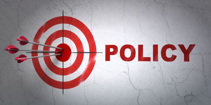 Success Insurance concept: arrows hitting the center of target, Red Policy on wall background, 3D rendering