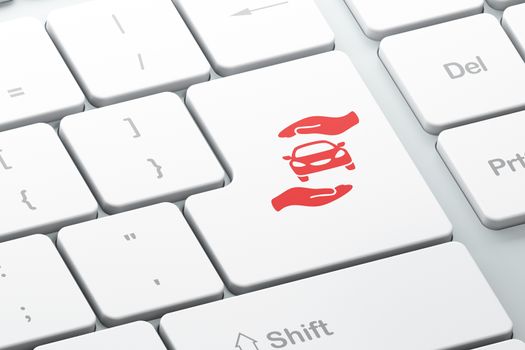 Insurance concept: Enter button with Car And Palm on computer keyboard background, 3D rendering