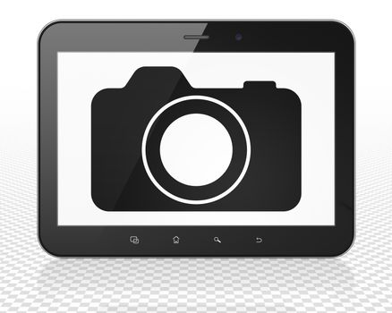 Vacation concept: Tablet Pc Computer with black Photo Camera icon on display, 3D rendering