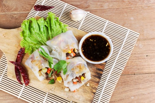 Noodle tube is appetizer menu Asia. made from noodle stuffed with pork and vegetables cooking by steamed.