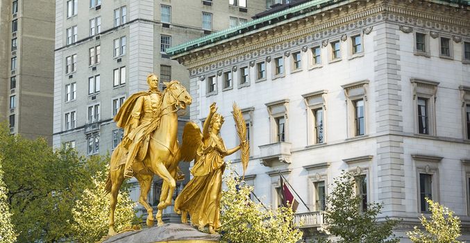 William Sherman memorial in New York City on the corner of Central Park South by Augustus Saint-Gaudens in winter. William Sherman was a United States general who served in the American Civil War.