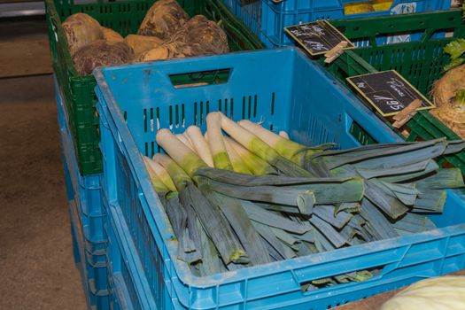 Freshly harvested from the field, green leek vegetables, local market products in a rustic farmers market.