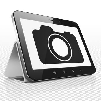 Travel concept: Tablet Computer with black Photo Camera icon on display, 3D rendering