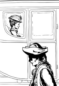 Man in tricorn hat walking past wealthy 18th century woman carriage with glass windows