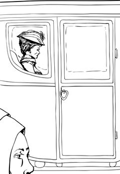 Outlined peasant woman compared to wealthy 18th century woman seated in luxurious carriage with glass windows