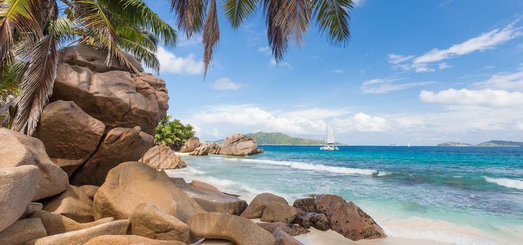 Pictur perfect tropical Anse Patates beach on La Digue Island, Seychelles. Summer vacations on picture perfect tropical beach concept.