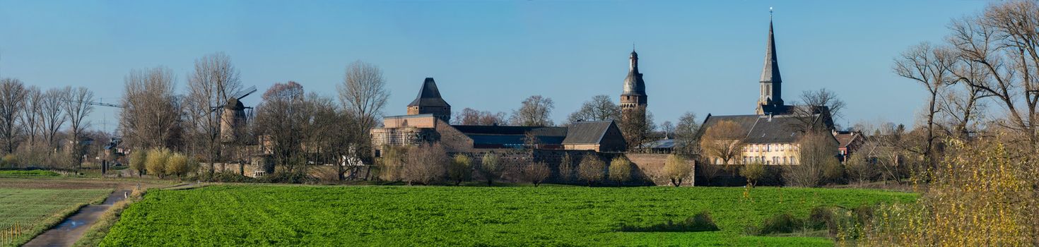 Panoramic view of the landscape at Dormagen - Zons on the Rhine river in Germany.