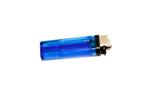 Blue disposable cigarette lighter on white background