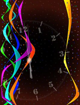 A clock showing midnight with streamers and confetti