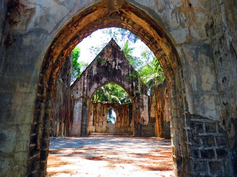 The ruin of an abandoned church on Ross Island, Andaman and Nicobar Islands, India, Asia.