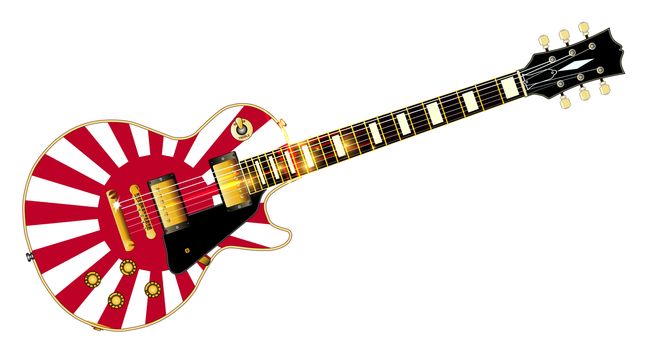 The definitive rock and roll guitar with the Japenese flag isolated over a white background.