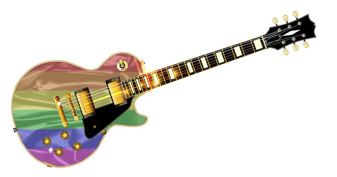 The definitive rock and roll guitar with the Gay Pride flag isolated over a white background.