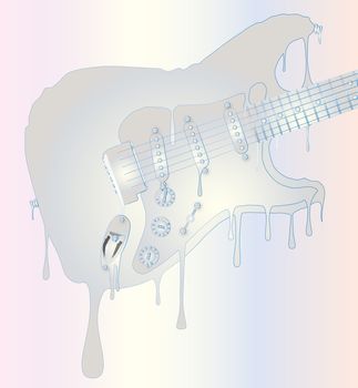 A traditional rock guitar melting down from a block of ice