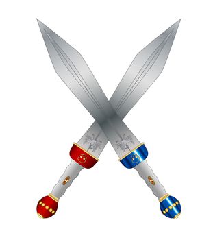 A pair of crossed swords as used by the Roman soldiers and gladiators isolated on a white background.
