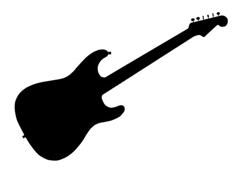 A typical electric guitar in silhouette over a white background