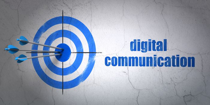 Success Data concept: arrows hitting the center of target, Blue Digital Communication on wall background, 3D rendering