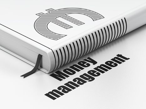 Money concept: closed book with Black Euro icon and text Money Management on floor, white background, 3D rendering