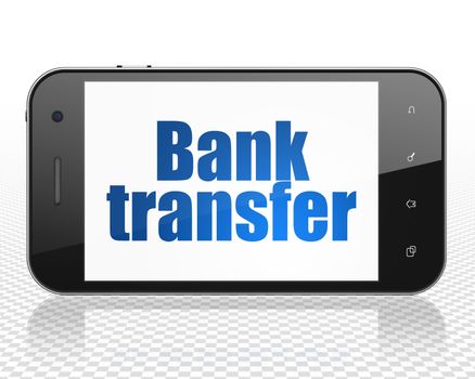 Currency concept: Smartphone with blue text Bank Transfer on display, 3D rendering