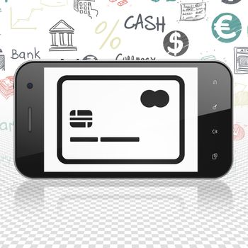 Currency concept: Smartphone with  black Credit Card icon on display,  Hand Drawn Finance Icons background, 3D rendering