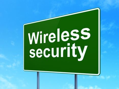 Security concept: Wireless Security on green road highway sign, clear blue sky background, 3D rendering