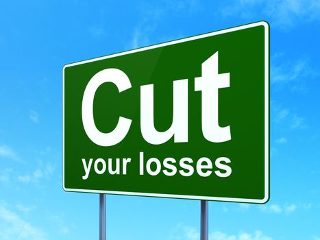 Business concept: Cut Your losses on green road highway sign, clear blue sky background, 3D rendering