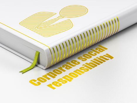 Finance concept: closed book with Gold Business Man icon and text Corporate Social Responsibility on floor, white background, 3D rendering