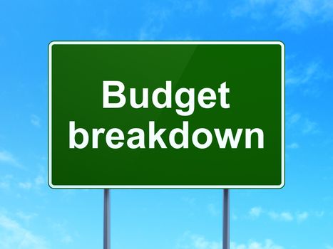 Finance concept: Budget Breakdown on green road highway sign, clear blue sky background, 3D rendering