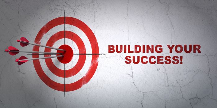 Success finance concept: arrows hitting the center of target, Red Building your Success! on wall background, 3D rendering