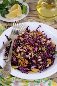 salad red coleslaw with raisins and crushed walnut
