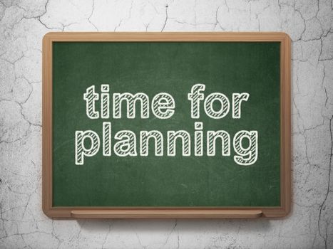 Time concept: text Time for Planning on Green chalkboard on grunge wall background, 3D rendering