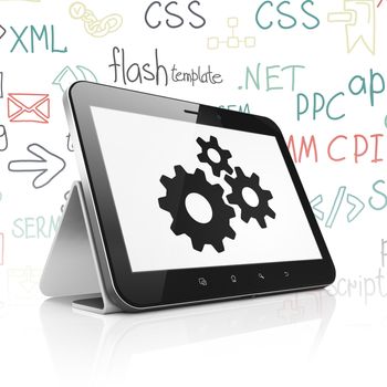 Web development concept: Tablet Computer with  black Gears icon on display,  Hand Drawn Site Development Icons background, 3D rendering