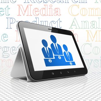 Marketing concept: Tablet Computer with  blue Business Team icon on display,  Tag Cloud background, 3D rendering