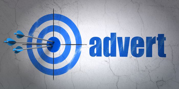 Success advertising concept: arrows hitting the center of target, Blue Advert on wall background, 3D rendering