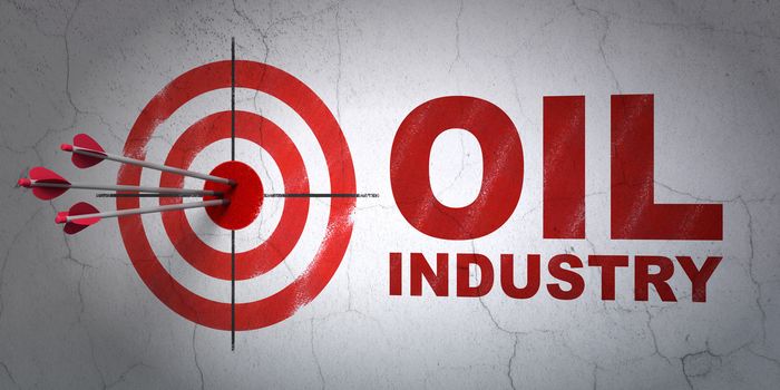 Success Industry concept: arrows hitting the center of target, Red Oil Industry on wall background, 3D rendering