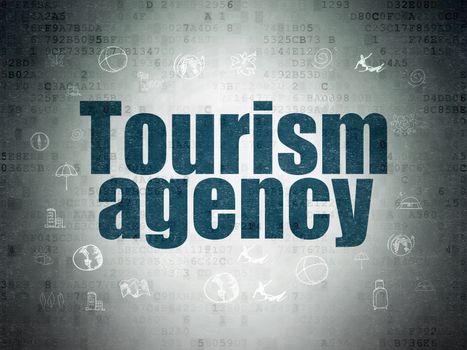 Vacation concept: Painted blue text Tourism Agency on Digital Data Paper background with  Hand Drawn Vacation Icons