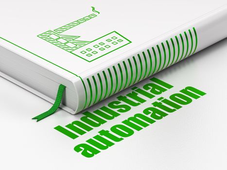 Industry concept: closed book with Green Industry Building icon and text Industrial Automation on floor, white background, 3D rendering