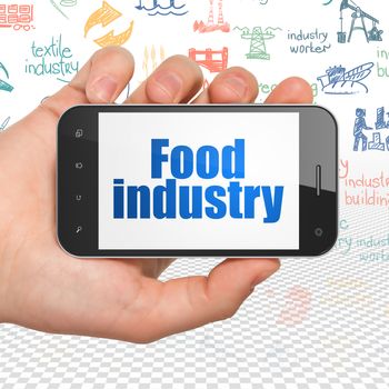 Manufacuring concept: Hand Holding Smartphone with  blue text Food Industry on display,  Hand Drawn Industry Icons background, 3D rendering