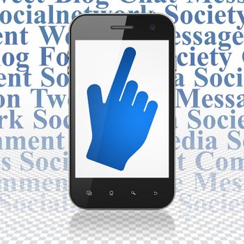 Social network concept: Smartphone with  blue Mouse Cursor icon on display,  Tag Cloud background, 3D rendering