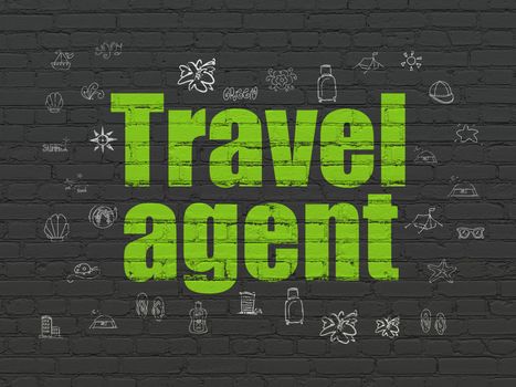 Tourism concept: Painted green text Travel Agent on Black Brick wall background with  Hand Drawn Vacation Icons
