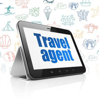 Travel concept: Tablet Computer with  blue text Travel Agent on display,  Hand Drawn Vacation Icons background, 3D rendering