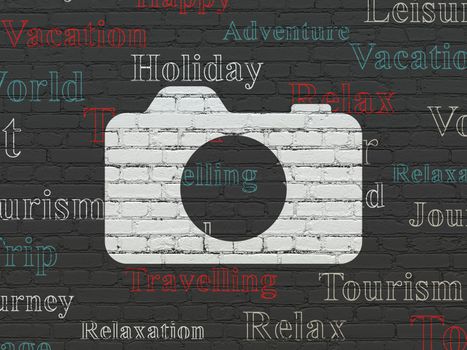 Tourism concept: Painted white Photo Camera icon on Black Brick wall background with  Tag Cloud