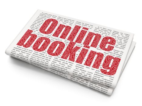 Vacation concept: Pixelated red text Online Booking on Newspaper background, 3D rendering