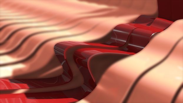 Abstract background with realistic waves lines. Red bend lines in the center. Technology backdrop. 3D rendering