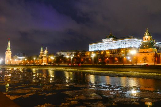 The Kremlin and the Moscow river at night in winter