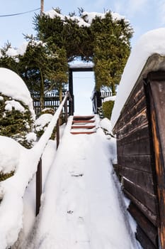 Snowy garden, winter holidays in the Czech Republic